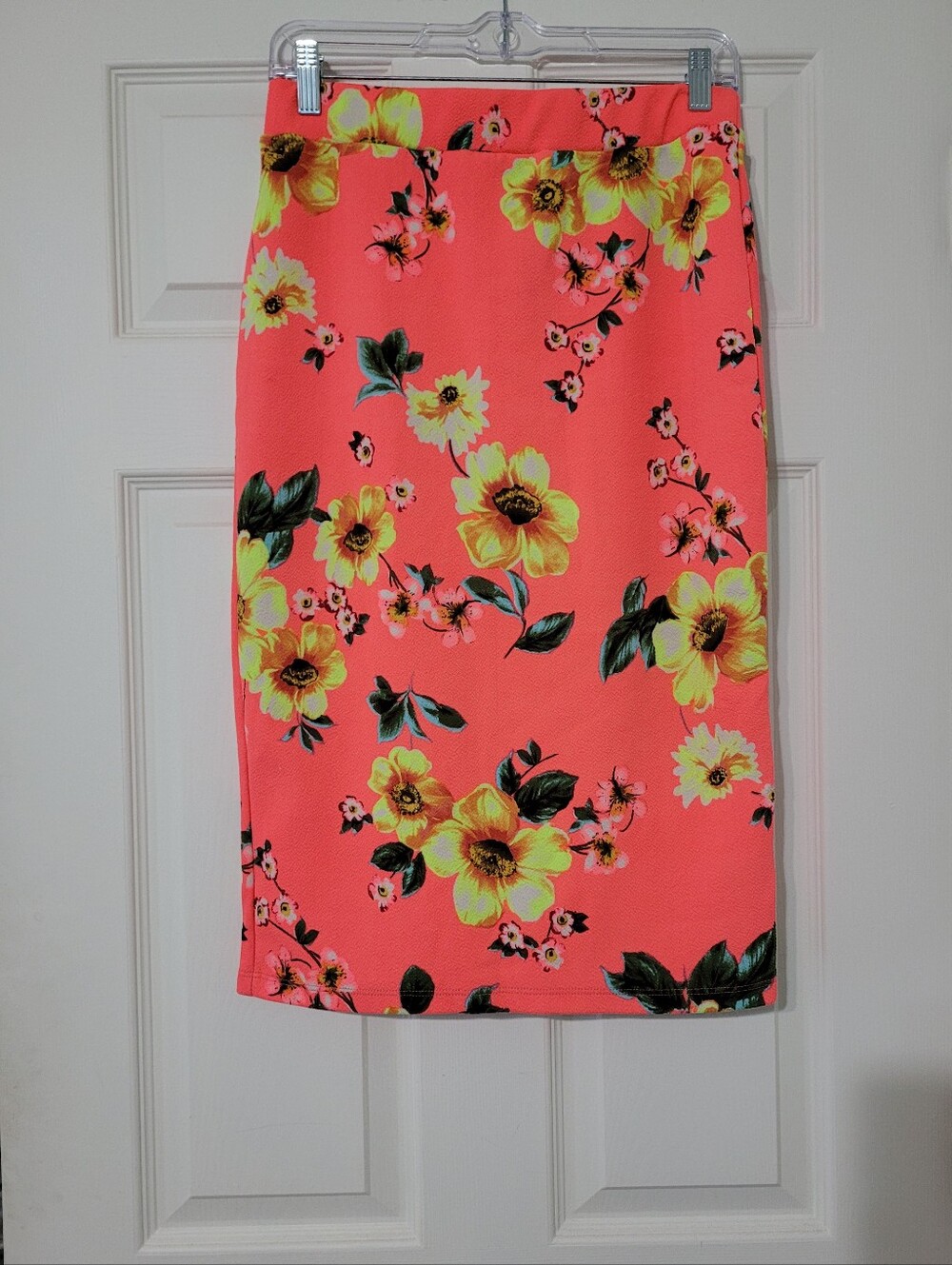 Floral Coral Pencil Skirt - Vibrant Yellow Bloom